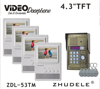

ZHUDELE Audio & Video Intercom System 4.3 Inch Video Door Phone Waterproof IP56 Camera with RFID Panel Night Vision 1V4