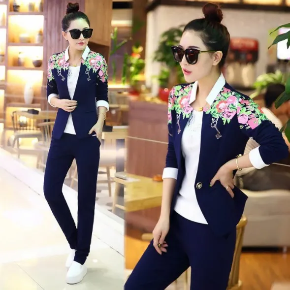 Two Pieces Set Slim Jacket and Trouser Spring Autumn Womens Elegant Pants Suit for Women Floral Print Pantsuit Plus Size 4xl 5XL