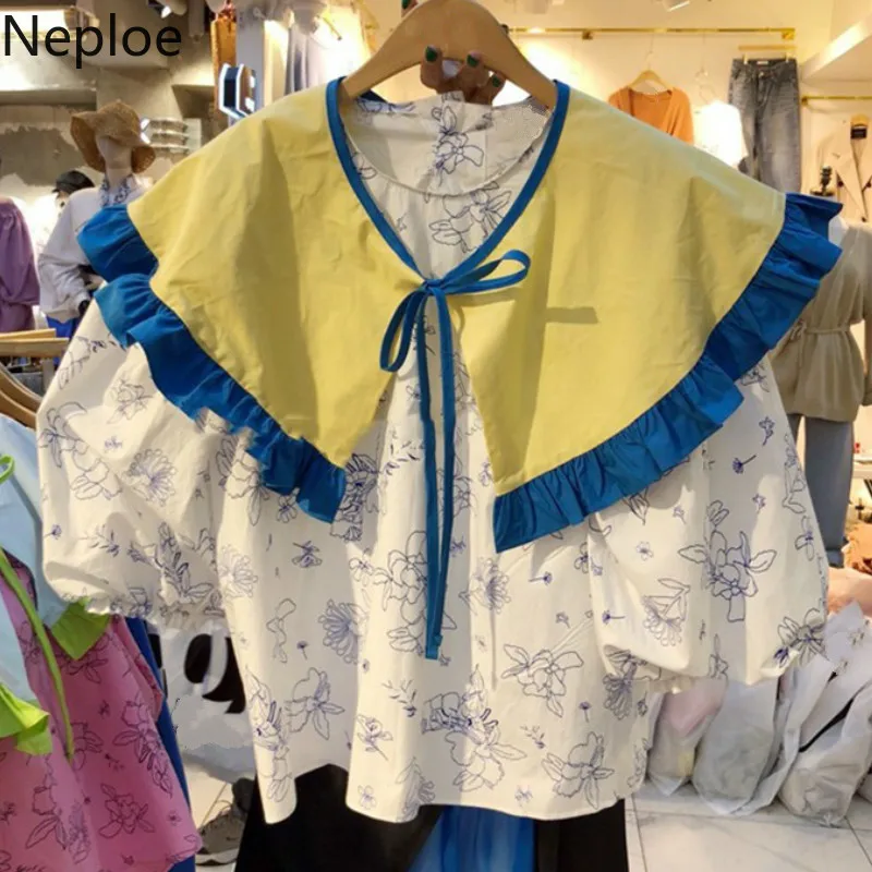 Neploe Цветочная женская блузка лето Питер Пэн воротник фонарь рукав Blusa Свободные корейские рубашки с завязками 44102