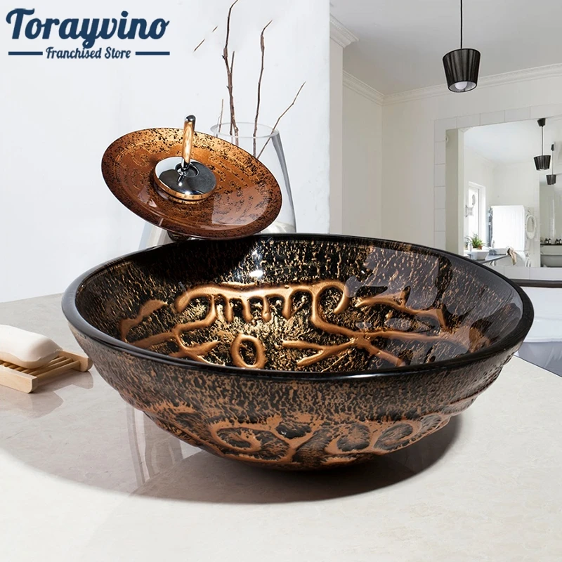 Torayvino Bathroom Glass Sink Wash Basin Sink Tap Bathroom Sink Glass Hand-Paint Lavatory Sink Set Waterfall Mixer Tap Faucet