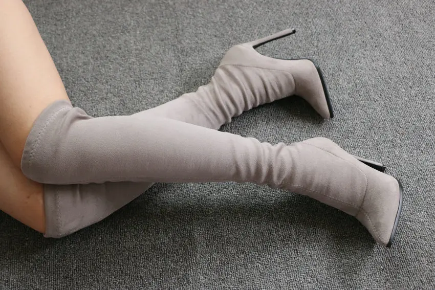 QUTAA г. Зимние женские сапоги выше колена обувь без застежки на высоком каблуке из эластичной ткани женские высокие сапоги с острым носком размеры 34-43