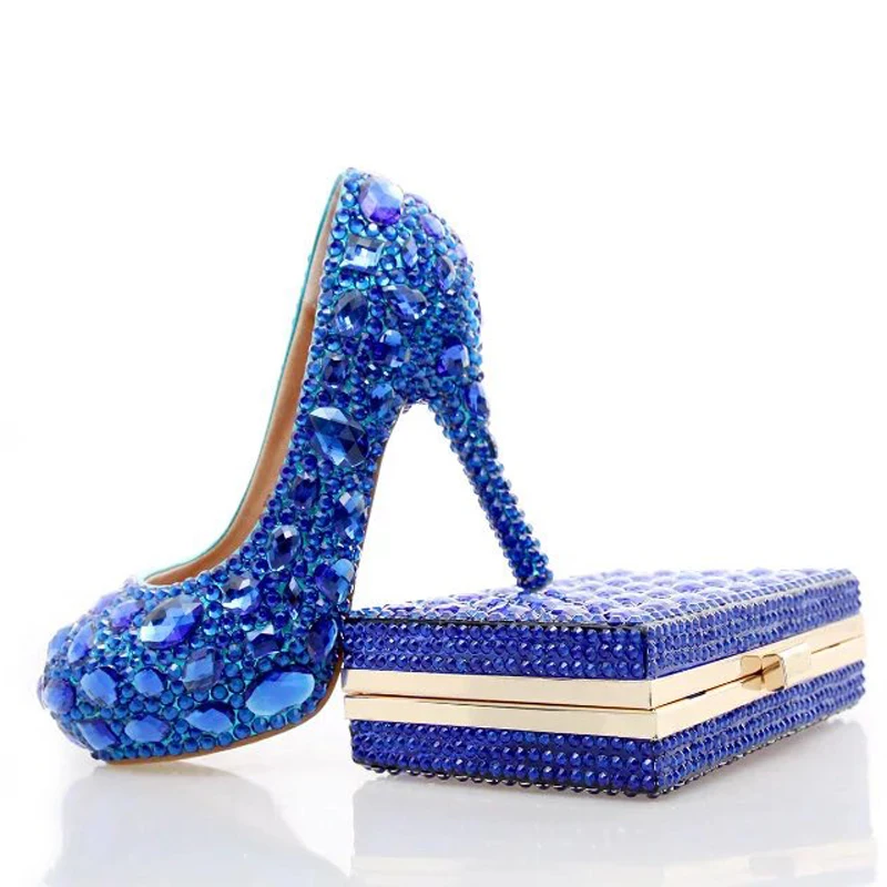 10cm Con Blue Bolso Señora Boda Cristal Heels Bombas Altos blue Rhinestone Zapatos 14cm 12cm Heels La Moda Nupcial Prom Tacones Partido A Azul Embrague De Juego qAgtwHn8