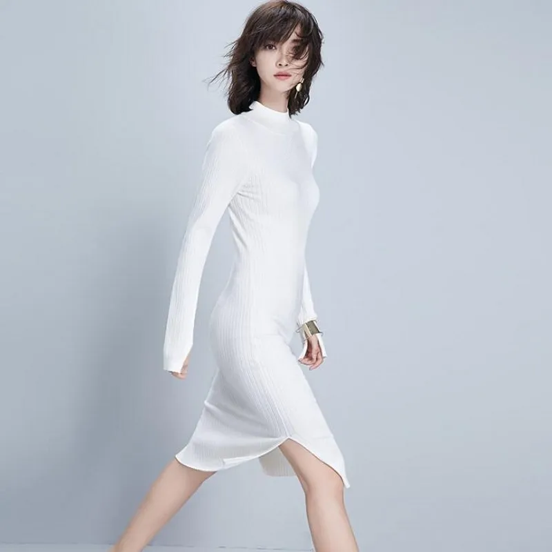dollar price/high quality clothes/women full sleeve autumn dress/fashion designer knit mid calf