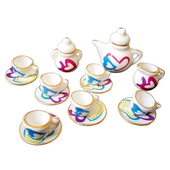 

1: 12 Dollhouse Miniature Tableware Porcelain CHINA Tea Set Flower 15PCS