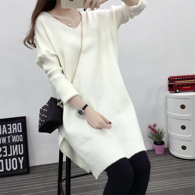 

Solid Long Sweater Dress Female Winter Dresses Women 2018 Knitted Long Sleeve Fashion V Neck Pullover Casual Winter Dress 2018