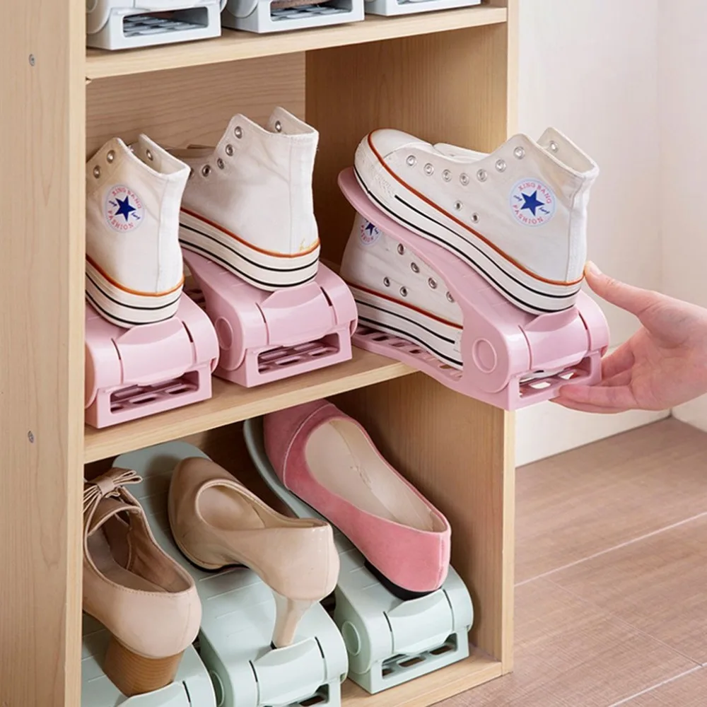 

High Quality Adjustable PP Plastic Double Shoe Racks Sapato Living Room Convenient Shoebox Shoes Organizer Stand Shelf 7 Colors