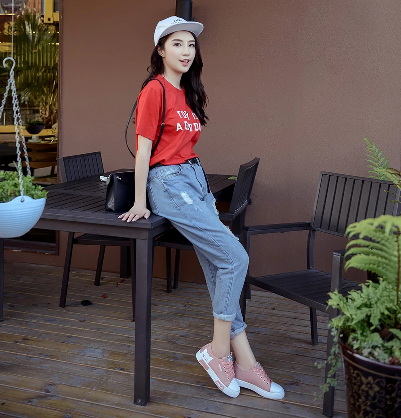 Women Flat Cartoon Canvas Shoes Lace Up Student Board Shoes (3)