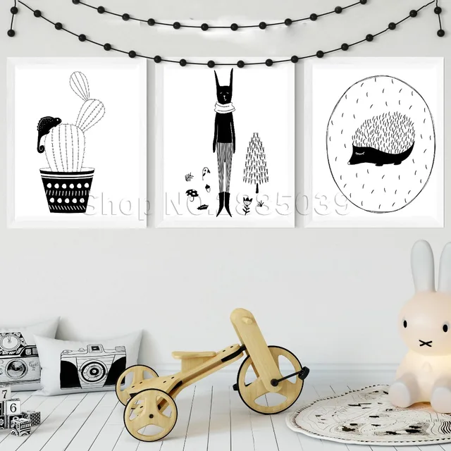 Cactus Hedgehog Hare Woodland Wall Stickers For Baby Nursery Decor Cactus Hedgehog Hare Woodland Wall Stickers For Baby Nursery Decor Monochrome Nordic Style Forest Poster Kids