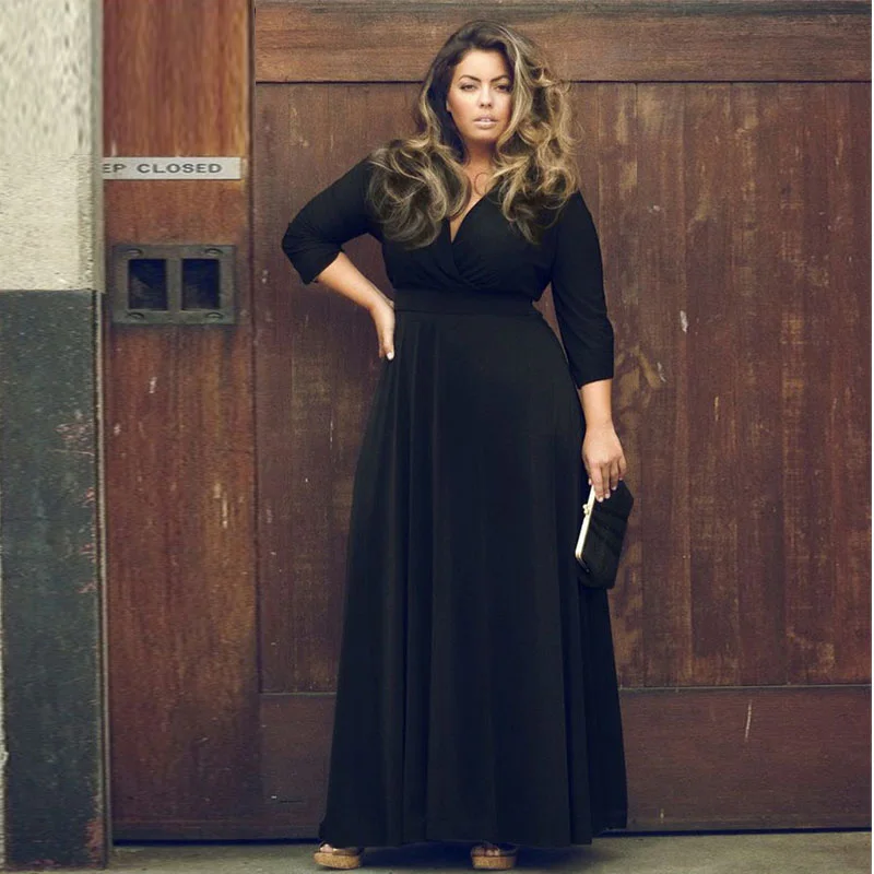 

2018 maxi floor length plus size Women clothing Tunic office sexy Evening party black long dress large size Robe Female vestidos