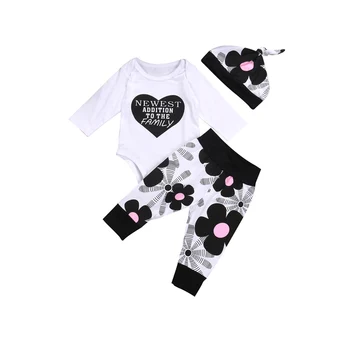 

Fashion Lovely Casual Newborn Baby Girls Boys Long Sleeve O-Neck Covered Button Letter White Romper Tops Floral Print Pant Hat