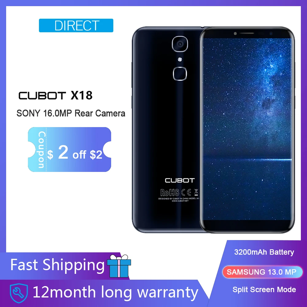 

Cubot X18 Smartphone 5.7" HD+18:9 MT6737T Quad Core Cellphone Dual SIM Card Android7.0 Finger ID 3GB+32GB 3200mAh 4G LTE 13MP