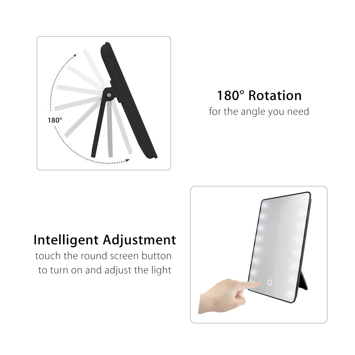 Comprar Espejo de maquillaje ajustable de 16 LEDs iluminado pantalla táctil portátil de aumento 180 escritorio giratorio espejos cosméticos de sobremesa