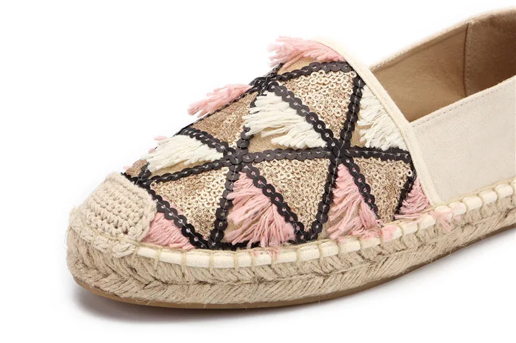 MInmclas Alpargatas Espadrilles; шикарные удобные слипоны; Женские Повседневные тапочки; дышащие льняные парусиновые туфли из конопли с кисточками и блестками для девочек