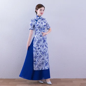 

White Blue Cheongsam Modern Qipao Long Chinese Wedding Dress Women Traditional Evening Gown Oriental Elegant Party Dresses