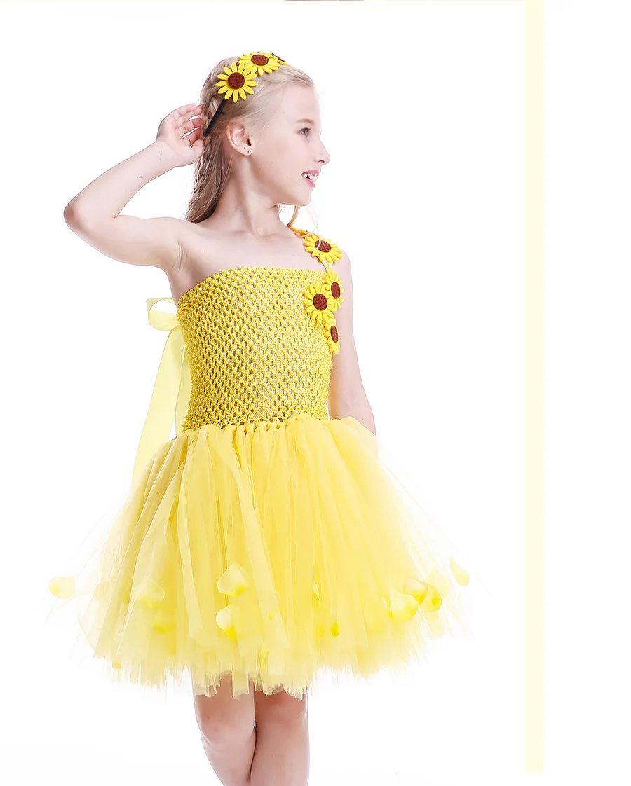 Sunflower Girls Tutu Dress with Headband Petals Embellished Princess Tulle Dress Children Birthday Party Performance Clothes (7)