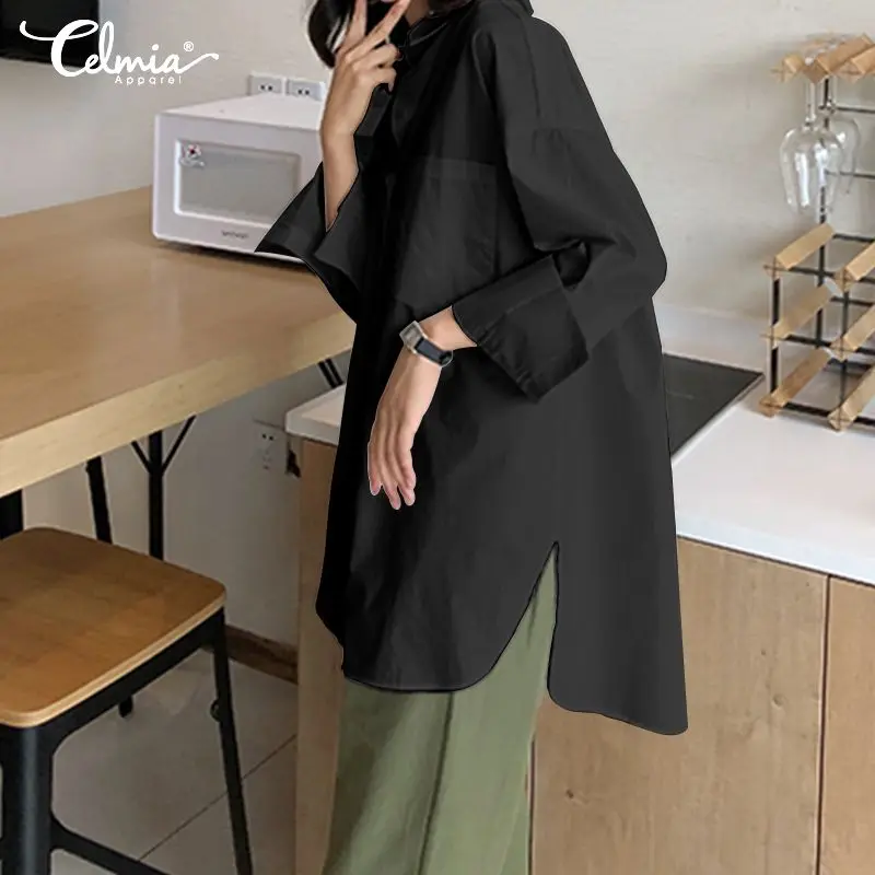 Women's Shirts Stylish Tops and Blouses 2019 Celmia Lapel Casual Solid Long Sleeve Buttons Asymmetric Ladies Baggy Blusas S-5XL