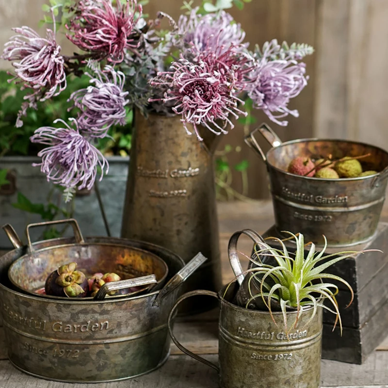 

American Metal Vase since1972 Vintage Decoration Tray With Handles Retro Flower Antique Iron Barrel Fruit Storage Basket