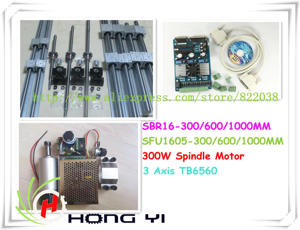 

A full set of CNC, SFU1605 ball screw +SBR16 Linear Guides+spindle motor 300W +power +MACH 3 + NEMA 23 + 3 Axis or 4 Axis TB6560