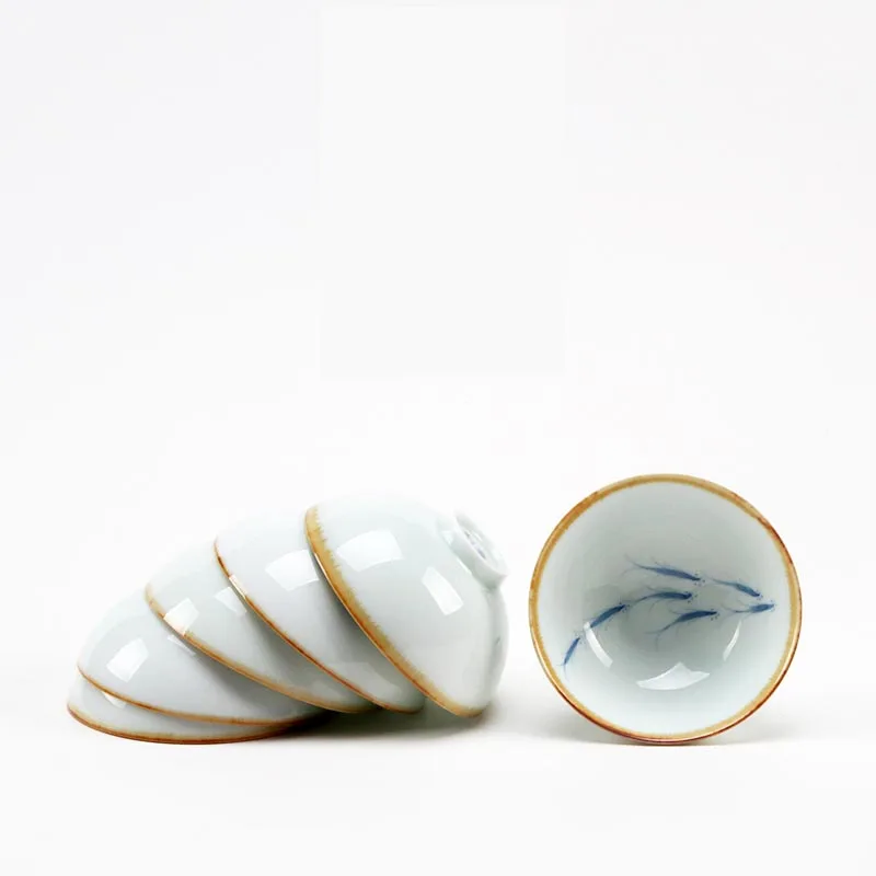 Китайский Ручная роспись лотоса рыбы керамический фарфор Jingdezhen Чай чашки Шапки