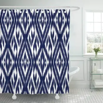 

Fabric Shower Curtain with Hooks Accessory Blue Ikat Ogee Pattern Abstract Design Arabic Autumn Aztec Boho Curtains