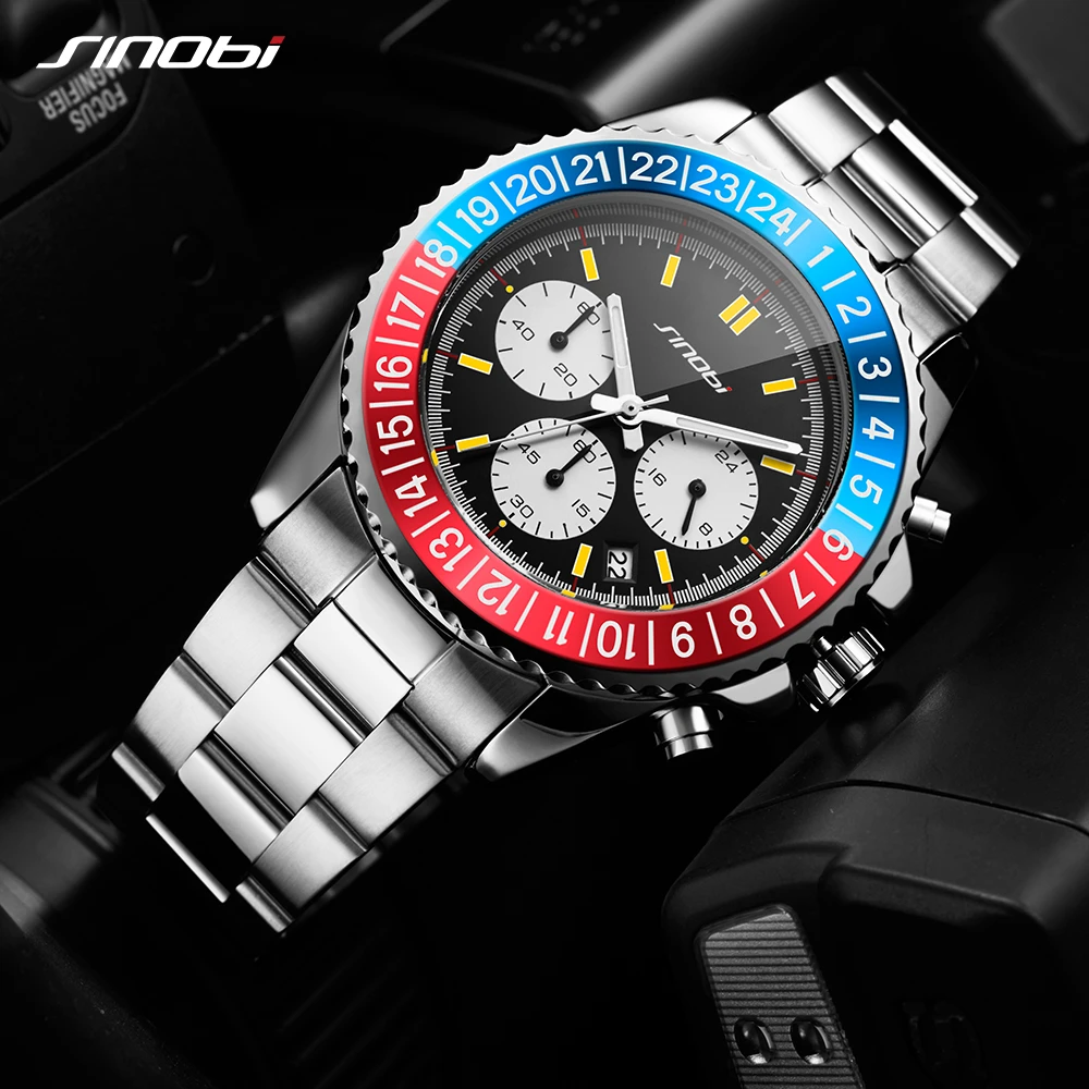 SINOBI New Luxury Men Watch Rotatable Bezel Full Steel Submariner series Watch Top Brand Luxury Chronograph Quartz Watch Relogio