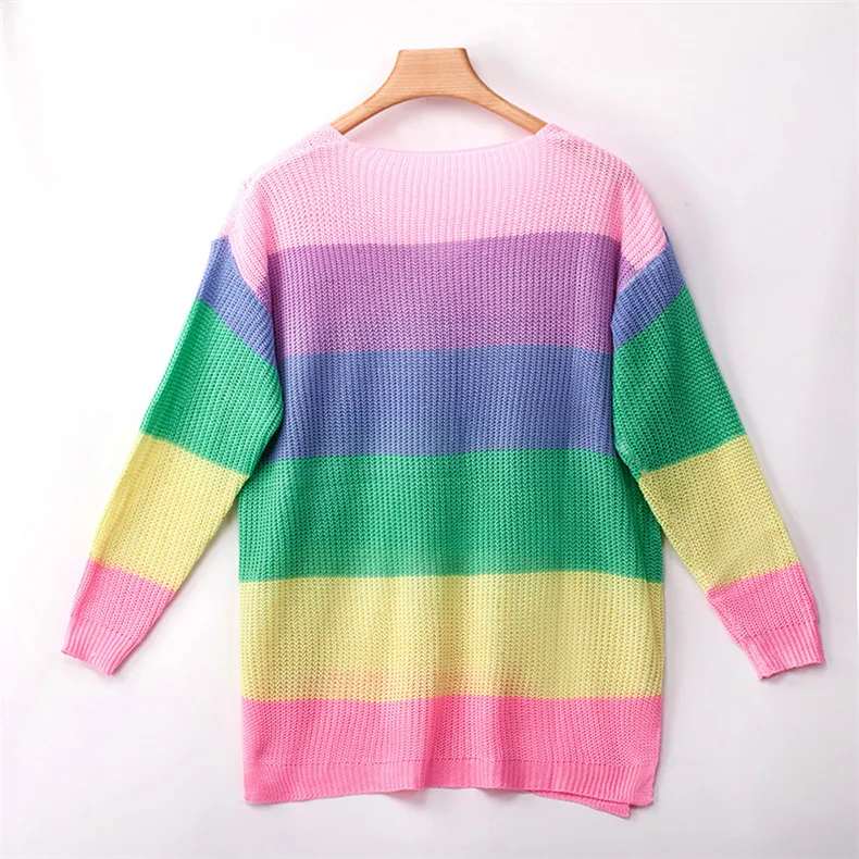Forefair, женский свитер с радугой, Повседневный, размера плюс, разноцветный, вязаный, Осень-зима, пуловер в полоску, женский джемпер