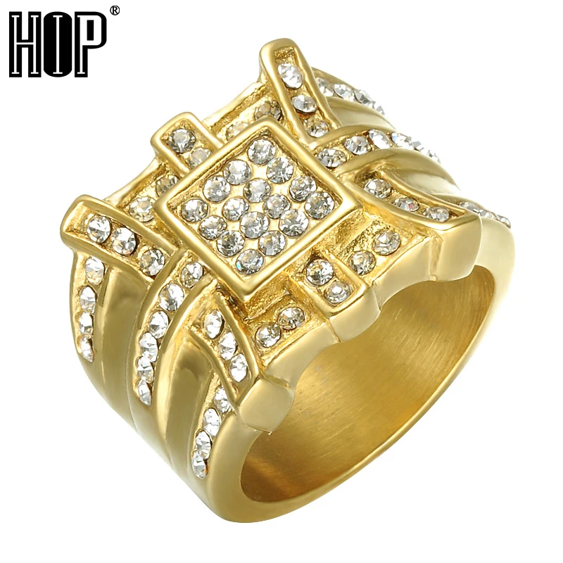 

HIP Hop Full Rhinestone Finger Ring Bling Iced Out Gold Color Stainless Steel Wedding Rings for Men Jewelry