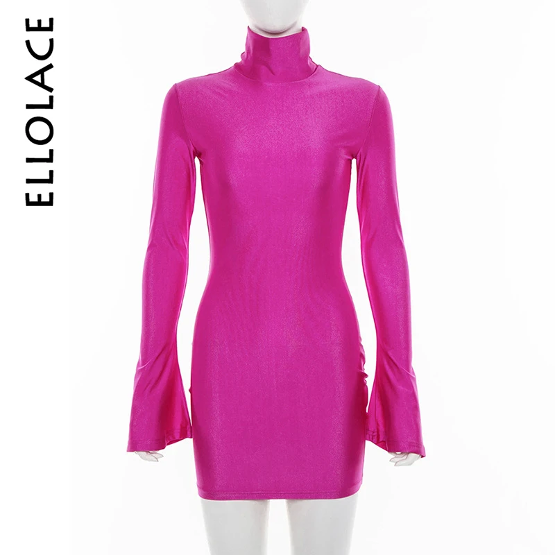 дешево! Ellolace Turtlenekck Flare с длинным рукавом Розовые мини-облегающие платья Slim Fit Эластичные женщ Лучший!