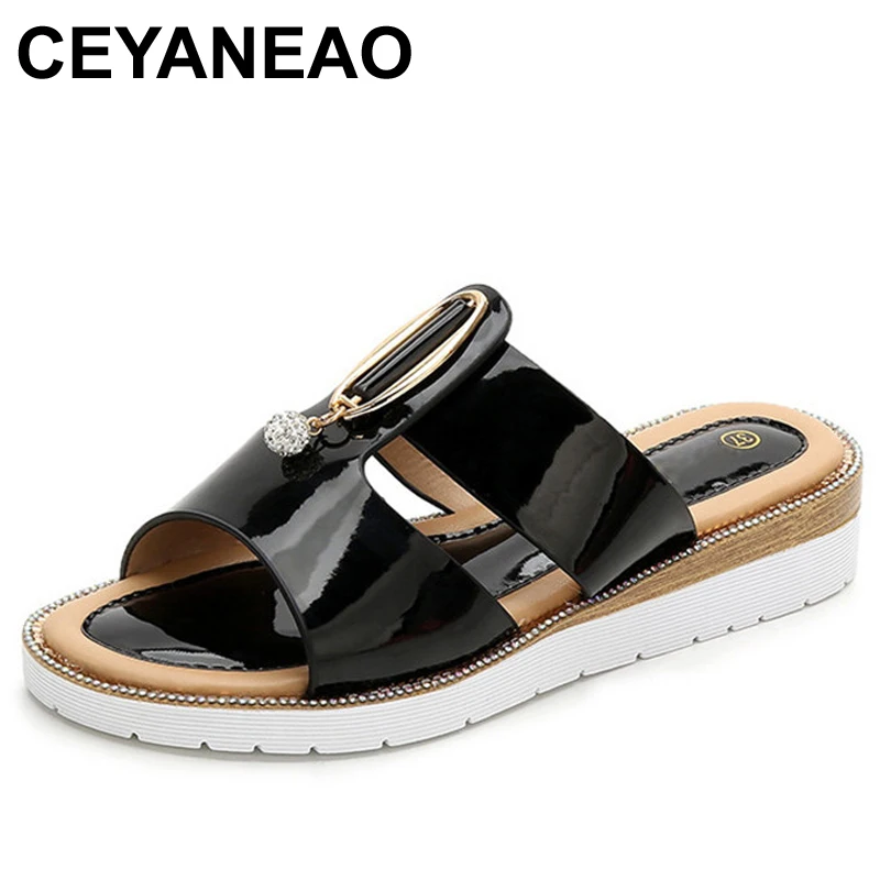 

CEYANEAOMetal buckle crystal wedges sandals women japanned leather peep toe sandals woman two band cut-out gladiatorsandalsmujer