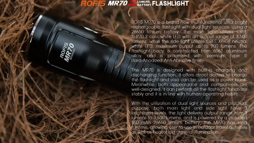 Rofis MR70 XHP70.2 CW/XP-G2 NW светодиодный 3500lm перезаряжаемый фонарик луч бросок 248 м уличный фонарь+ аккумулятор 26650 5500 мАч
