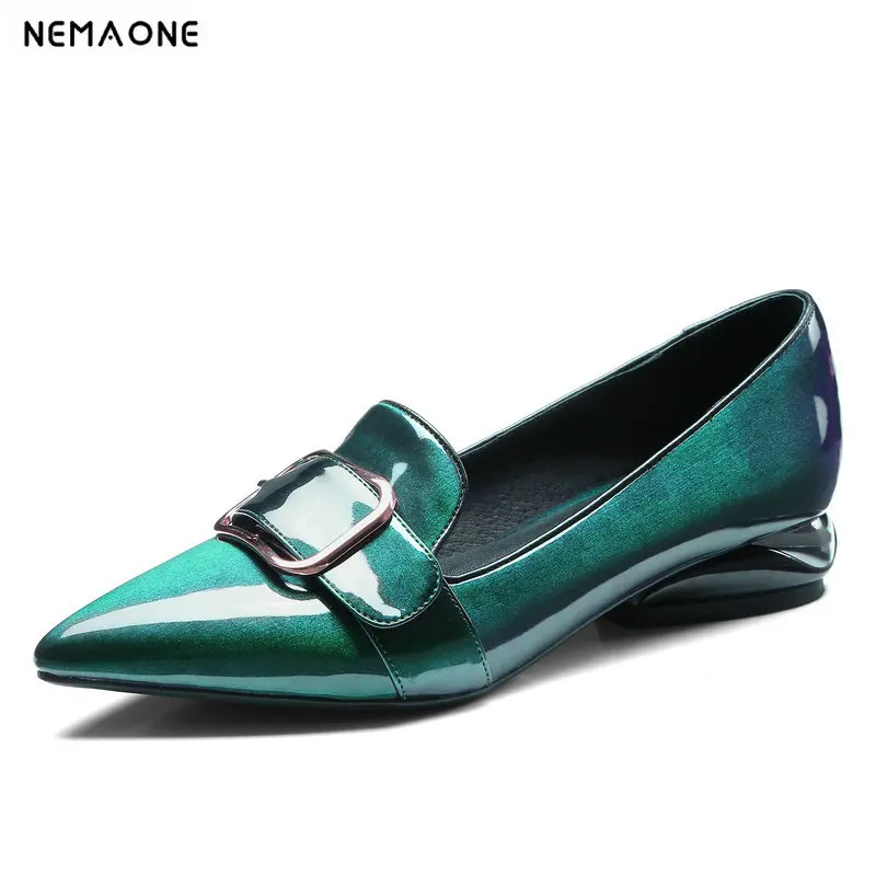 

NEMAONE Genuine leather large Size 34-42 green Women Pumps Square Low Heel Pointed Toe Office Ladies Woman Shoes