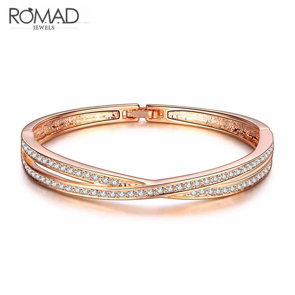 

Trendy Women Bangles Jewelry Geometric Rose Gold Color Crossed Twist Bangle With Crystal