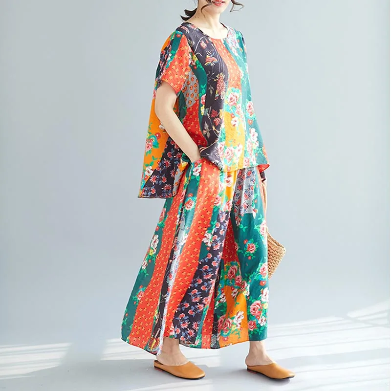 زائد الحجم ملابس الصيف للنساء 2019 جديد الزهور طباعة كبيرة الحجم فضفاضة الإناث مجموعة الدعاوى السراويل الطويلة خمر قمم و البلوزات زائد الحجم ملابس الصيف للنساء 2019 جديد الزهور طباعة كبيرة الحجم فضفاضة الإناث مجموعة الدعاوى السراويل الطويلة خمر قمم و البلوزات