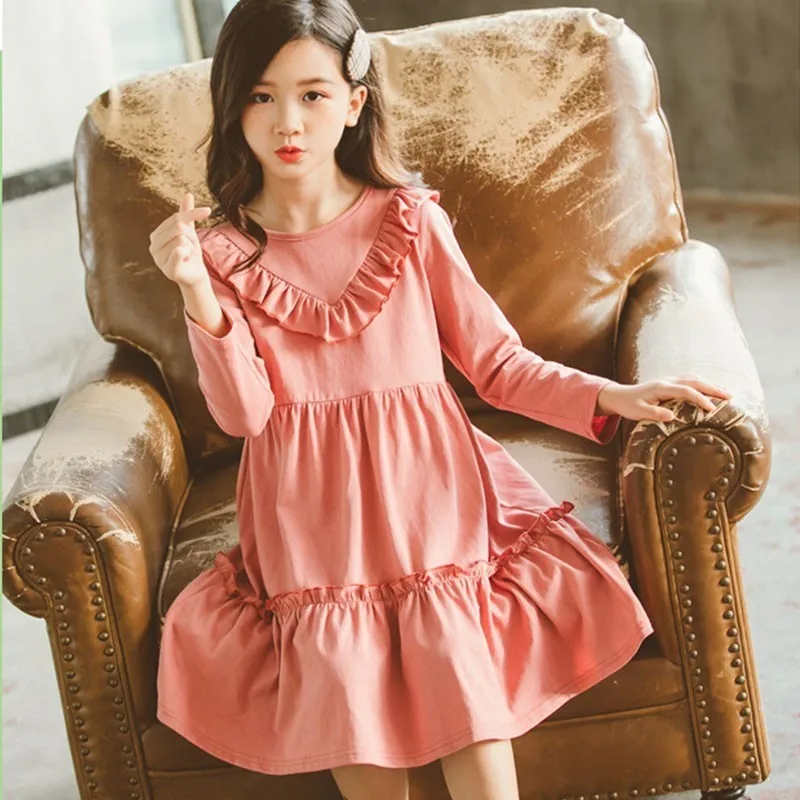

School Dress Girl Clothes Teenager Cotton Princess Dress Long Sleeve Pink Spring Autumn Pink Kids Clothing 2019 New Fashion