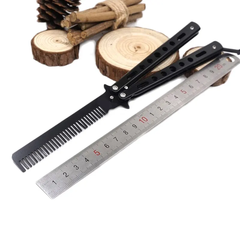 Black Stainless Steel Trainer Practice Comb Knife Tactical Training Folding Knife Dull Camping