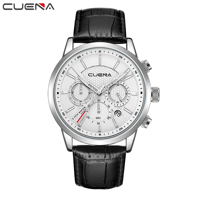 

CUENA Brand Men's Watch Genuine Leather Fashion Watches Waterproof Watch Men Watch Auto Date Clock kol saati relogio masculino
