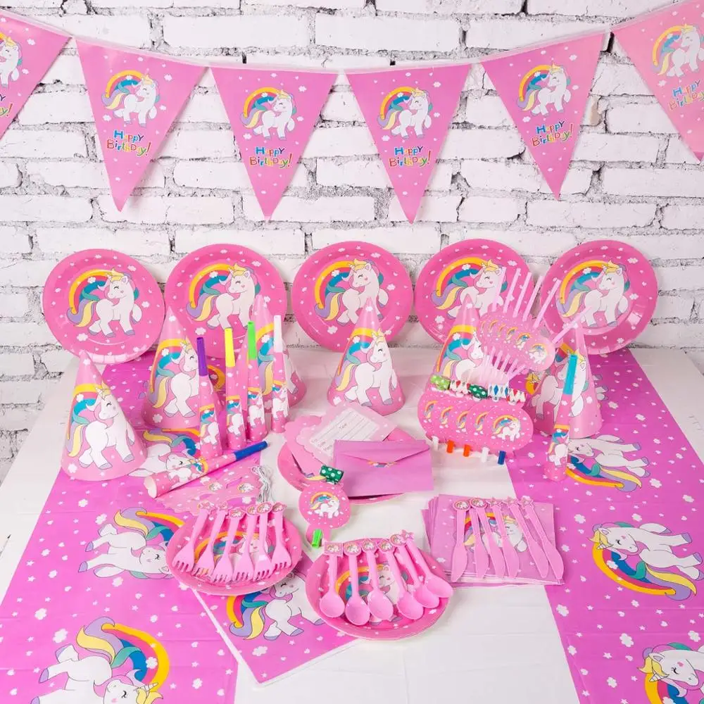 

Unicorn Disposable Tableware Set Birthday Party Decorations Kids Disposable Cups Straw Napkins For Girl Unicorn Party Supplies