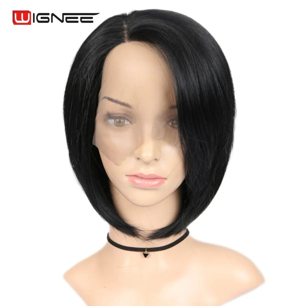 

Wignee Lace Front Synthetic Wig For Women Short Straight Hair Side Part High Density Natural Black Cosplay Fake Hair Female Wig