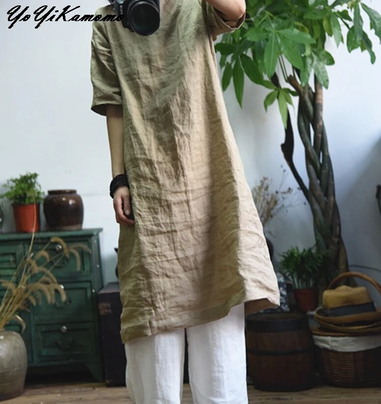 

YoYiKamomo Cotton Linen Dress Women Autumn Maxi 2017 Original Short Sleeve Long Loose Casual Women Robe