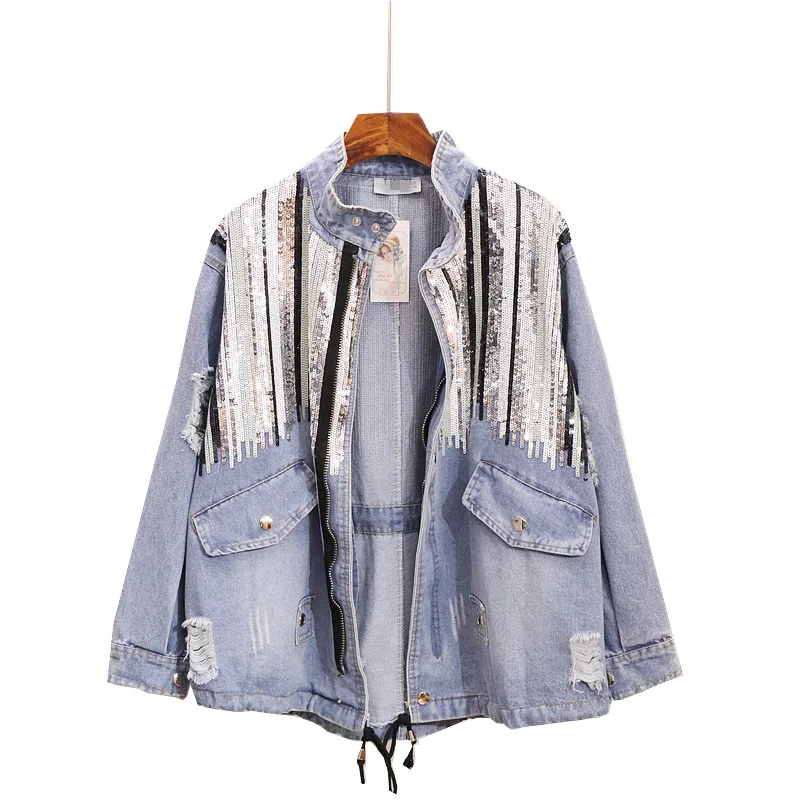

Spring Sequin Denim Jacket Loose All Match Jeans Jacket Women Handmade Sequins Tassel Jeans Coat