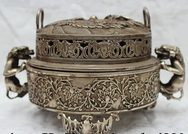 

JP S0524 Marked China Chinese Silver Dragons Phoenix Beast Statue Incense Burner Censer W B0403