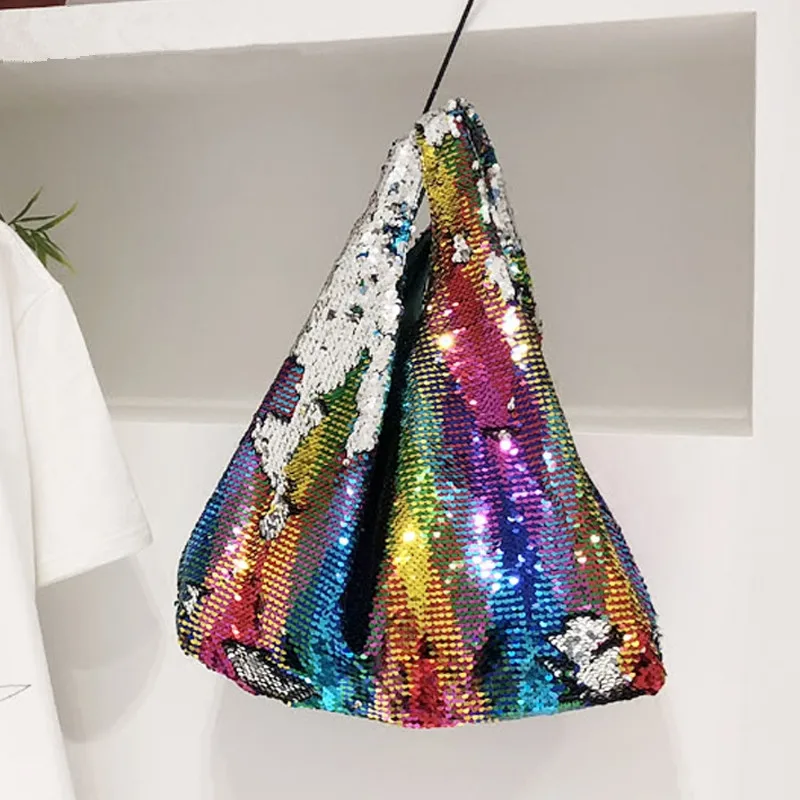 

Rainbow Color Sequin Women Tote Handbag Beading Sequined Large Totes Lady Evening Clutch Bag European Women Causal Beach Bag