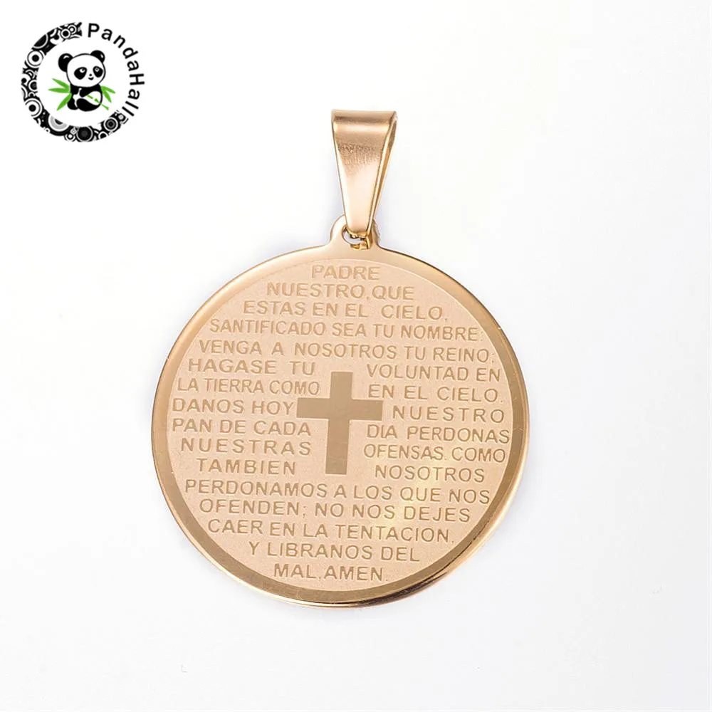 Spanish Our Father Prayer Circle Pendant Padre Nuestro 14k gold Plated stainless 