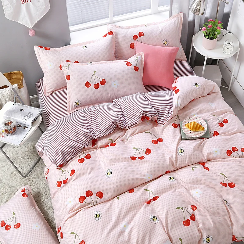 

3/4pcs/set Pink Cherry Printing Textile Bedding Set Include Duvet Cover &Sheets&Pillowcases Cover Comfortable Home Bed Set