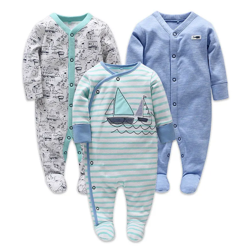 

Picturesque Childhood 2018 Newborn Baby Boy Clothes Cotton Long Sleeve Baby Boy Footies Stripe Sailing Shark Print Blue 104