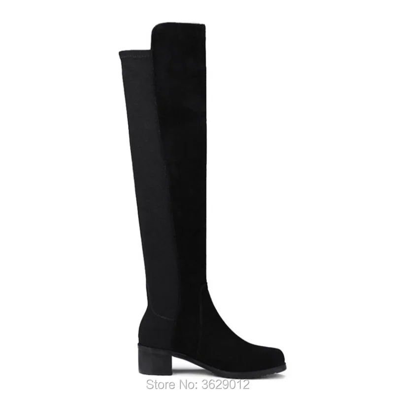 Talon Rond Stretch Chunky Sexy Mode Sur Automne Bout Bottes Chaussures Genou Bas Boot Plat Femmes Le waF6Y4FR
