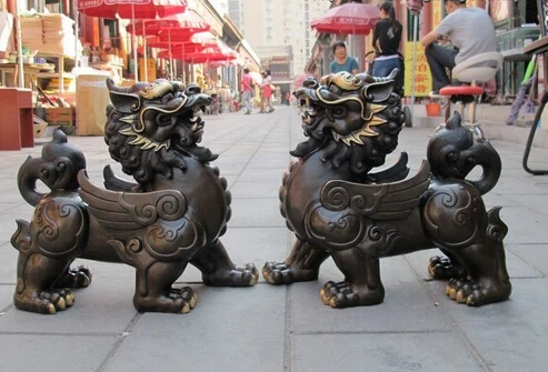 

002468 China Bronze Foo Dog Lion Dragon Kirin kylin Unicorn Classic Palace statue Pair