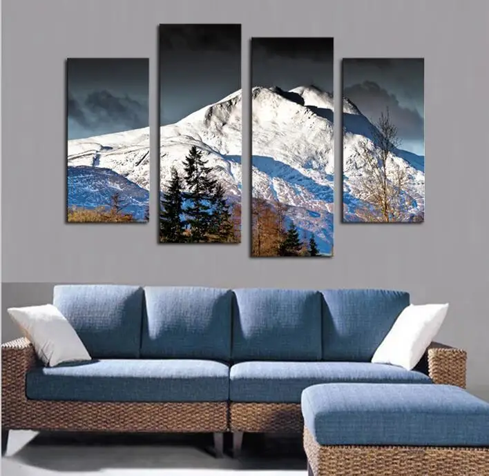 New 4 Pcs Canvas Wall Paintings Snow Mountain Decorative Oil Painting Prints For Bedroom Frame Cuadros Decoracion | Дом и сад