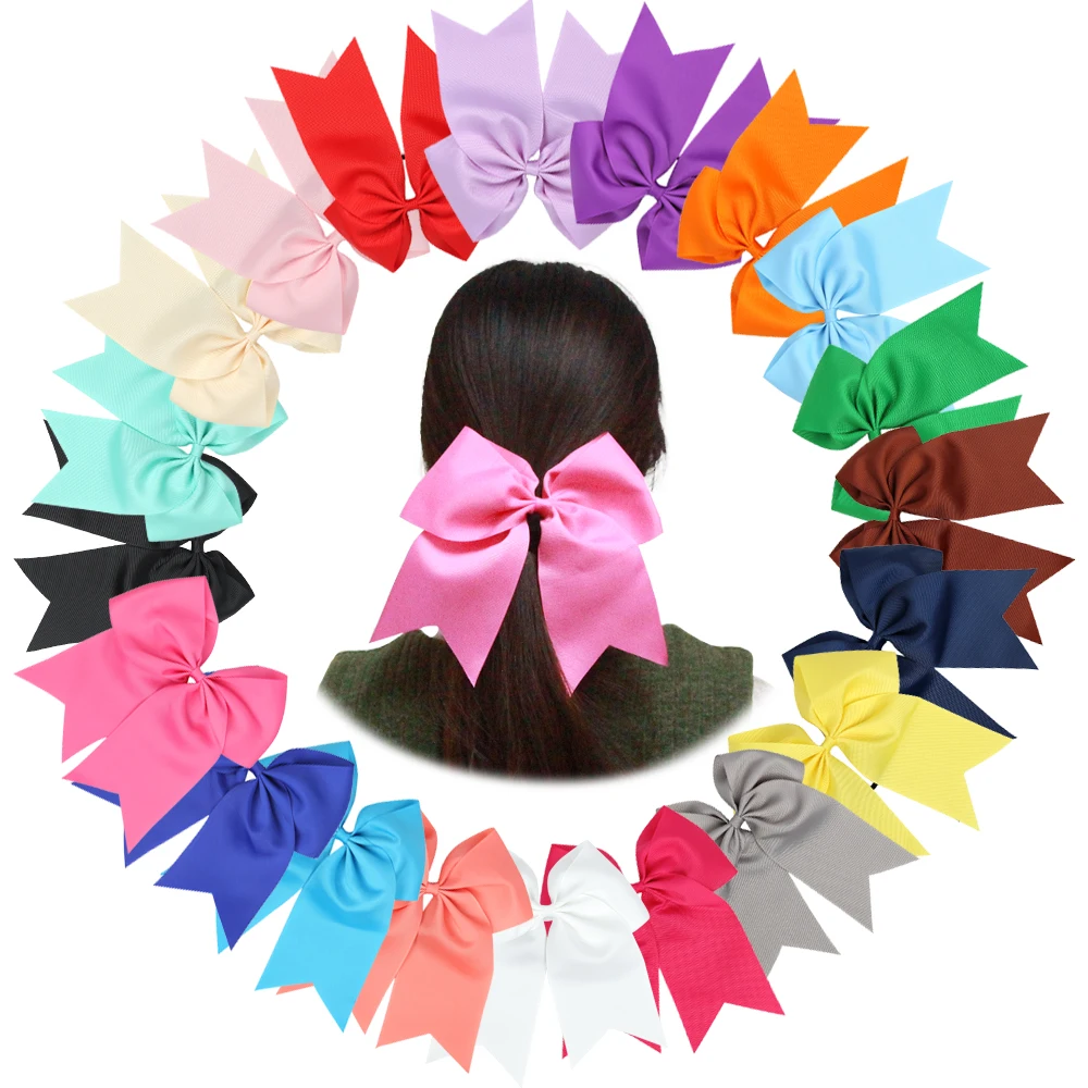 20pcs 7" Girls Solid Ribbon Grosgrain Hair Bows Clip With Elastic Hair
