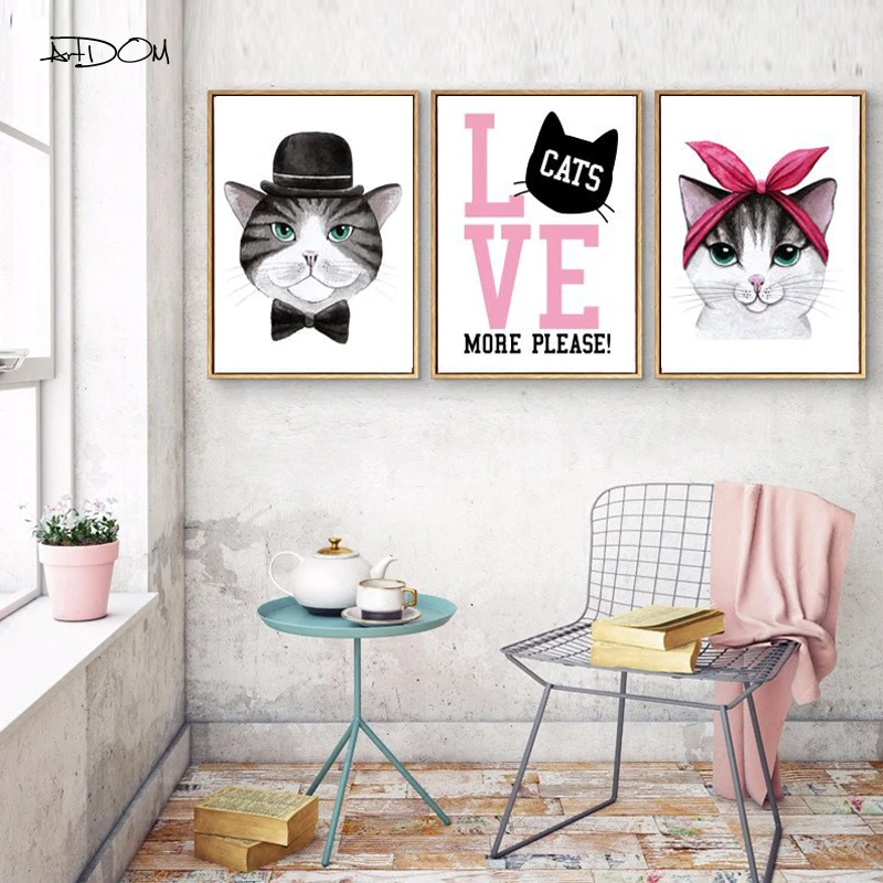 

Artdom No Frame Cartoon Cat Love Canvas Painting Sweet Nursery Wall Art Pictures Posters Print for Kids Baby Room